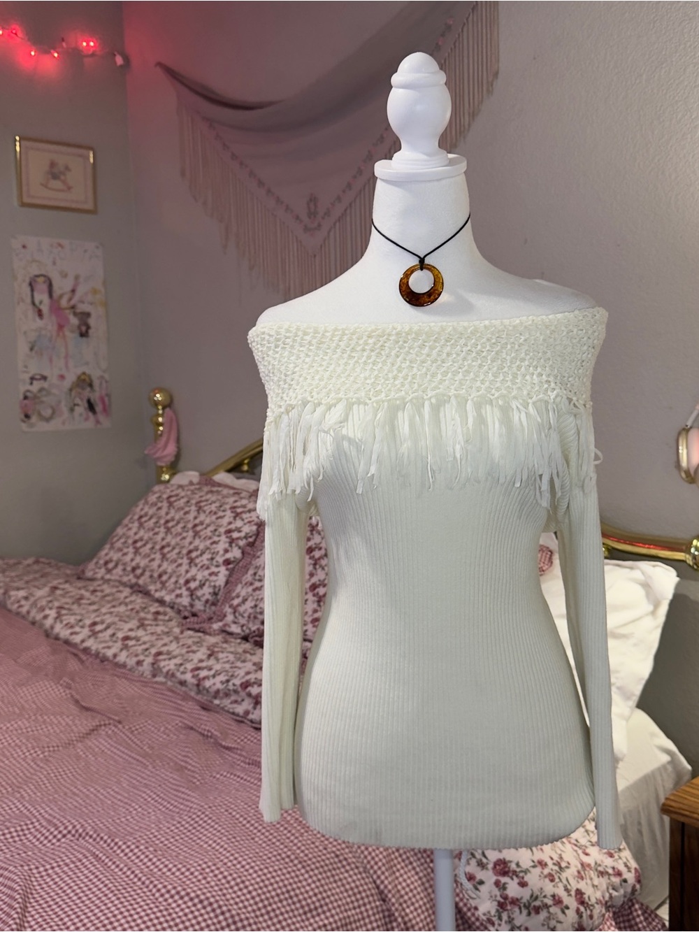 Y2K Off-Shoulder Fringe Knit Sweater - Ivory